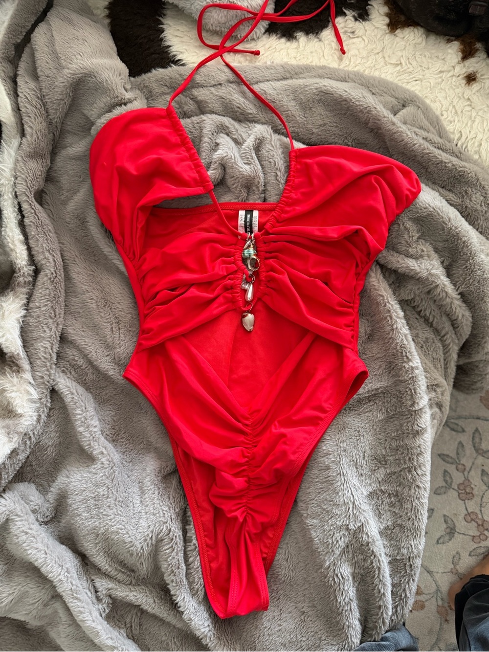 PrettyLittleThing SAMPLE Red Ruched One-Piece Swimsuit with Charm Detail